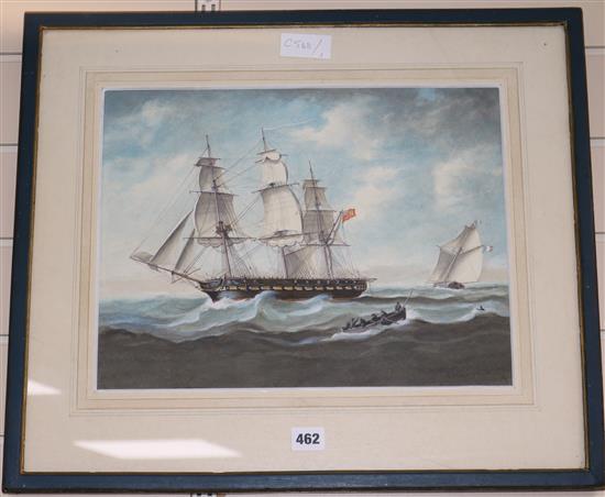 R Stokes-Smith after Thomas Butterworth, watercolour, Frigate at sea, signed, 30 x 40cm